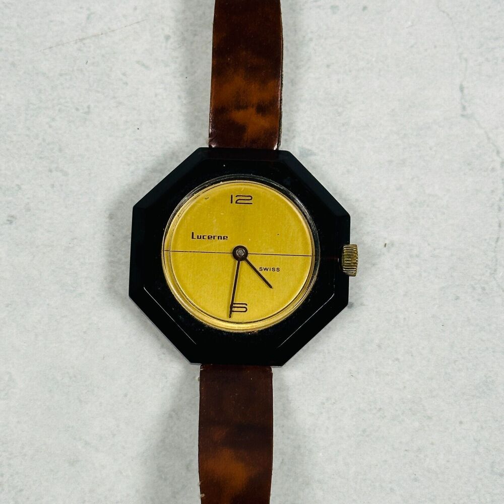 VTG Lucerne Watch Mens 40mm Octagon Brown Acrylic Retro Unique Manual Wind Works